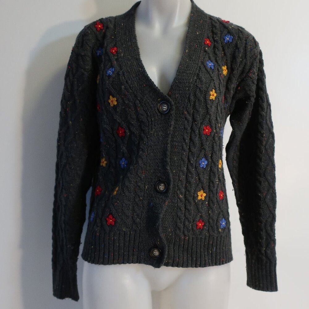 Womens Gigi Wildflower Green Speckled 100% Merino Wool V-Neck Cardigan Sweater S